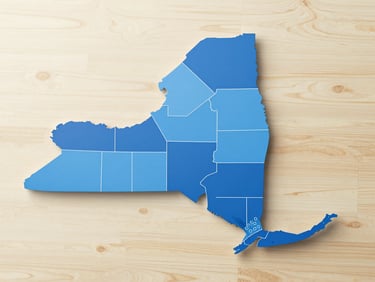 Stylized map of New York state with seven counties highlighted in construction blue, clean and modern graphic design, professional.