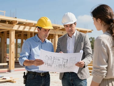 Construction project manager discussing plans with homeowner on-site, clear communication, blueprints, bright daylight, professional attire.
