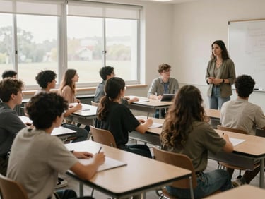 Diverse students in a modern classroom setting, engaged in a mentorship session, natural window light, soft desaturated earth tones, medium-wide environmental framing, 35mm