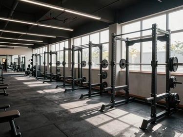 Wide-angle interior shot of a completed mid-size commercial gym, power racks aligned along the right wall, rubber flooring in dark tiles, natural daylight from high windows illuminating the full room, mirrors reflecting the equipment rows on the opposite wall, no people, shot from the entrance looking diagonally across the floor plan