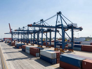 Wide-angle daylight shot of a massive modern container terminal, towering blue gantry cranes lining the dock, organized stacks of shipping containers, sharp shadows, bright clear sky.