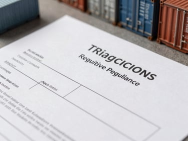 Macro detail shot of shipping documents, trade certificates, and steel cargo containers under bright daylight, highlighting regulatory compliance.