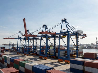 Wide-angle environmental shot of a modern shipping terminal at daylight, towering blue container cranes, organized cargo stacks, high-contrast shadows.