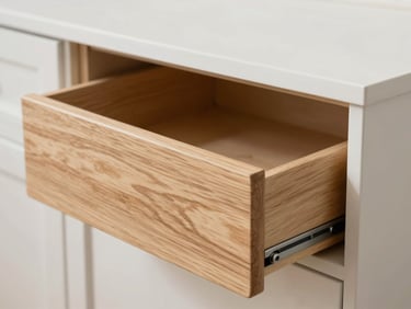 Extreme close-up of grain-matched custom cabinetry drawers sliding into a white oak face frame, dust-free finish
