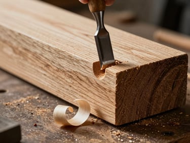 Extreme close-up of a sharp steel chisel shaving a mortise joint in a massive oak timber, clean wood curls falling on a dark workbench, high-contrast side-light.
