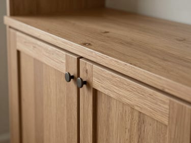 Clean, dust-free installation of custom raw-oak cabinetry in a historic home, highlighting tight-tolerance trim work.