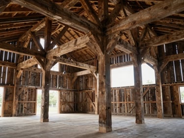 Wide shot of a historic Lancaster County barn conversion, massive structural oak timbers exposed, natural light