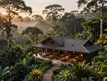 Wide-angle shot of the main lodge common area, open-air design, overlooking the canopy, sophisticated yet rustic decor, golden hour light.