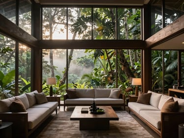 Interior of an elegant guest pavilion, natural light filtering through large windows, high-end sustainable furnishings, view of dense jungle outside, wide-angle architectural lens.