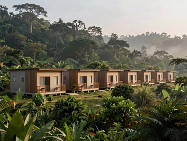 Exterior of well-maintained staff quarters, blending harmoniously with the surrounding natural environment, sustainable construction visible, 35mm lens.