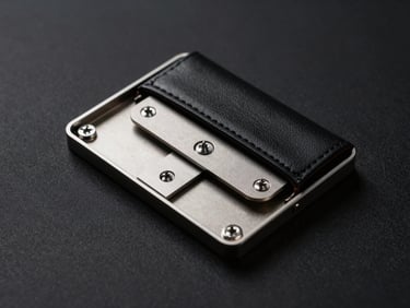Technical exploded blueprint view of a minimalist metal wallet, showcasing the internal screws, steel plates, and leather wrapping, high-contrast dark background.