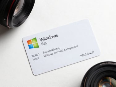 Overhead catalog shot of a Windows activation key card on a clean white surface, bright even studio lighting, product flat-lay angle