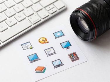 Overhead flat-lay of a keyboard and Office productivity app icons printed on card stock, white background, bright studio lighting