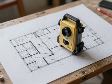 Vue de dessus d'un plan technique de bâtiment posé sur une table de chantier, avec un double décamètre et des annotations de calcul précises au crayon.
