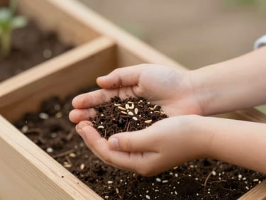 Close-up of small children's hands holding organic soil and seeds over a wooden garden bed, soft diffused daylight.
