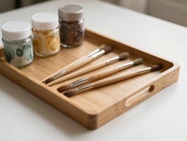 A beautifully arranged wooden tray with painting brushes and natural watercolor jars on a clean table, warm morning sun.