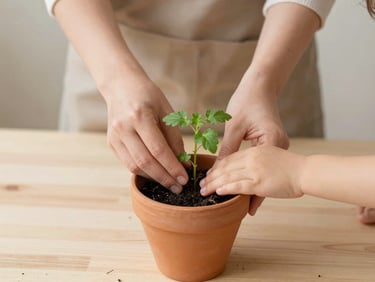 Hands of a parent and a young child gently planting a small green herb in a terracotta pot, soft natural daylight, warm tones.