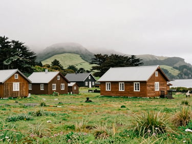 Wide environmental photography of a misty coastal landscape in Chiloé with traditional wooden architecture in the background, soft overcast daylight, rich natural green and larch wood tones, 35mm