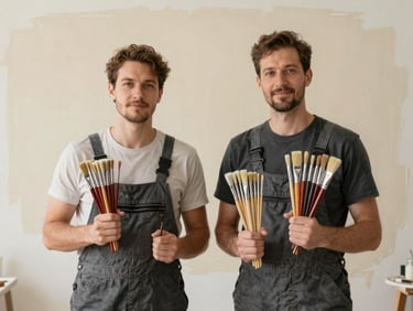 A professional portrait of two painters in clean, branded charcoal overalls standing in front of a freshly painted deep cream wall, holding neatly organized, high-end brushes, warm natural lighting.