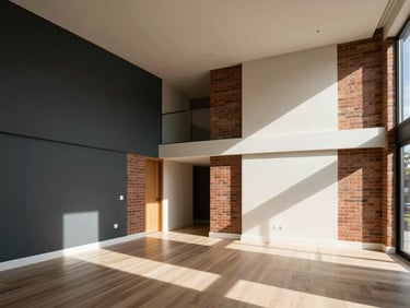 Wide-angle architectural shot of a modern residential interior with mid-century brick accents, featuring bold color-blocked walls in deep charcoal and cream, crisp natural sunlight casting sharp shadows.