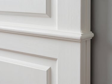 Bright, natural daylight illuminating a freshly painted white wooden door and frame, showing flawless smooth satin finish and clean edges against a soft grey wall.