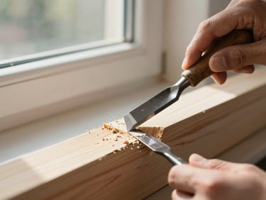 Extreme close-up of a craftsman using a chisel to precisely remove damaged wood from a window frame, bright natural morning light, clean work area.