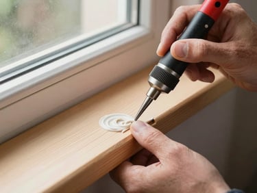 Close-up of a craftsman's hands using a precision tool to apply premium epoxy filler to a clean, routed section of a wooden window sill, bright outdoor lighting.