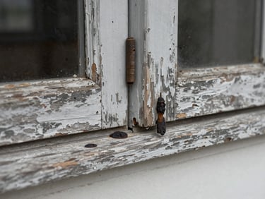Close-up of a weather-beaten wooden window frame with peeling paint and dark, soft rot spots near the joint, overcast light.