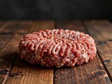 Macro shot of fresh ground beef being shaped into a perfect patty, rustic wooden table, dark charcoal background, warm side lighting, raw texture