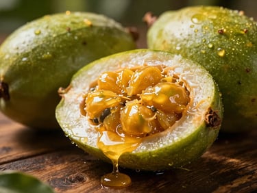 Macro close-up of a fresh copoazú fruit cut open on a dark wooden surface, glistening pulp, warm jungle lighting, shallow depth of field, 35mm.