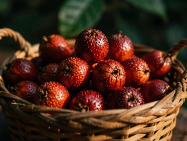 Macro close-up of shiny red aguaje fruits in a rustic woven basket, dramatic low-key lighting highlighting their scale-like texture, 35mm.