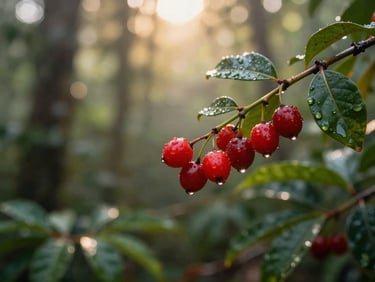 Bright red camu camu berries on a branch, covered in morning dew, soft focus background of the Amazonian forest, morning light, 35mm.