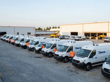 Branded Tiburon Enterprises fleet vehicles parked on a well-organized industrial construction site, with team members coordinating, crisp early morning daylight, cool slate and safety orange tones, sharp depth of field