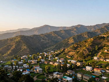 Wide-angle environmental landscape of green residential plots in Kashipur, golden hour light over Himalayan foothills, 35mm