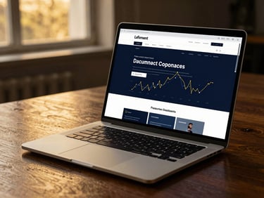 Close-up of a sleek laptop showing a custom financial web platform, placed on a polished dark wood table under dramatic corporate lighting.