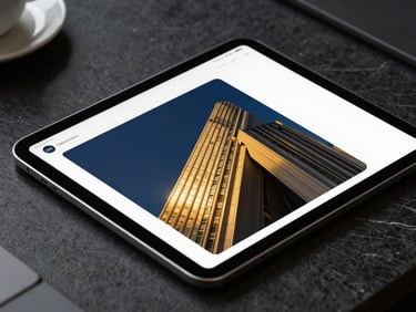 Close-up of a tablet displaying a clean corporate interface with deep navy and gold accents, resting on a dark marble desk, crisp studio lighting.