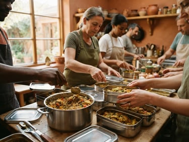 Hands of diverse volunteers packing fresh, warm meals into clean steel containers, bright morning light filtering through a kitchen window, authentic documentary style, earthy terracotta tones