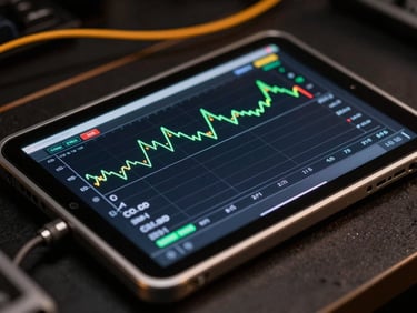 Close-up of a technical diagnostic tablet displaying voltage graphs and telemetry data, sharp metallic edges, dark background with amber electrical lines, high-contrast studio lighting.