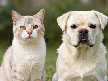 Bright studio portrait of a calm cat and dog side-by-side, with subtle graphic overlays showing measurement dotted lines around neck, chest, and back.