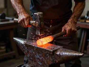 Blacksmith hands using a heavy hammer on glowing orange molten iron over an anvil, dark moody workshop atmosphere, sparks flying in a high-end metalwork atelier.