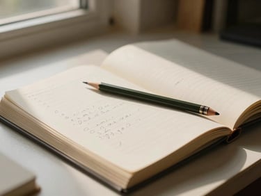 Wide editorial desk scene, manuscript pages spread open under warm natural window light, a pencil resting on handwritten margin notes, shallow depth of field, cream and olive tones, no people