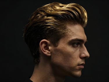 Stylized portrait of a man with a classic, elegant haircut, side profile, moody lighting, brushed gold highlights, deep black background, 35mm.
