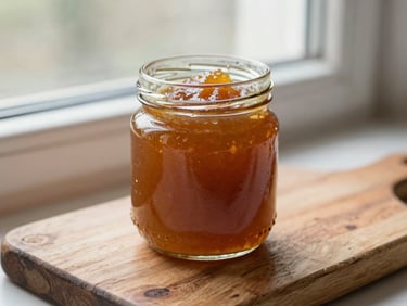 A close-up of a neatly labeled amber glass jar of marmalade sitting on a rustic wooden board under soft morning window light, shallow depth of field, 35mm
