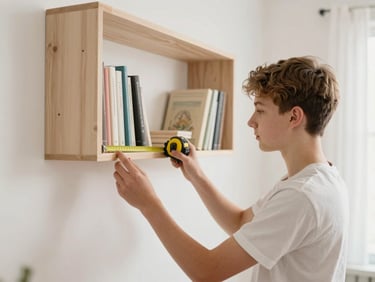 Teenager measuring a bedroom wall with a tape measure, light birch floating book rack in the background, natural daylight, soft shadows, 35mm lens.