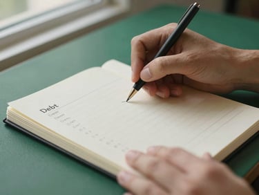 Close-up of hands writing structured debt calculations on a warm cream notepad, soft side lighting, editorial corporate style, 35mm.