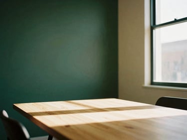 Architectural detail of a modern California workspace with warm daylight casting soft shadows across a wooden table, 35mm.