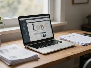 Wide environmental shot of a quiet home office workspace, laptop open showing a project management interface, stacked reference documents to the side, soft diffused natural light through a window, no person visible, calm and ordered desk surface