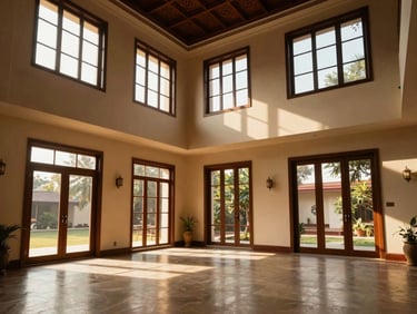 Warm editorial photograph of a spacious modern villa interior with high ceilings, traditional Bengali decor, natural sunlight streaming through large windows
