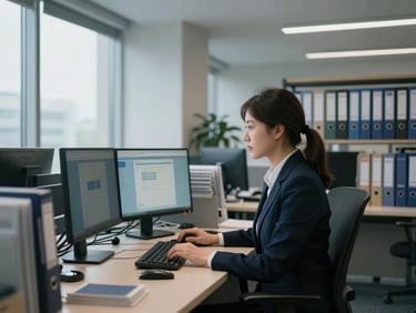 Wide shot of a professional services office, paralegal or accountant at a desk with multiple monitors, organized binders visible, cool even daylight from left windows, hands on keyboard mid-task