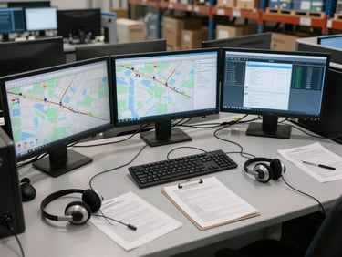 Wide overhead shot of a logistics dispatch desk with multiple screens showing route maps and call queues, headsets resting on the surface, cool warehouse-adjacent lighting, papers and clipboards mid-shift